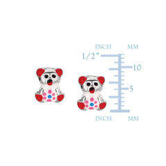 Red Theme Enamel Kids Teddy Bear Stud Earrings In Sterling Silver