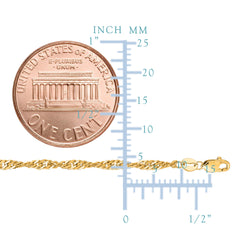 Bracelet chaîne Singapour en or jaune 14 carats, 2,1 mm, 7 pouces, bijoux de créateurs fins pour hommes et femmes
