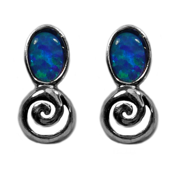 Sterling Silver Rhodium Plated Greek Spiral Key With Synthetic Opal Earrings, 5 x 12mm