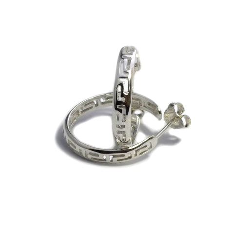 Sterling Silver Rhodium Plated Ancient Greek Key Hoop Earrings, Diameter 22mm
