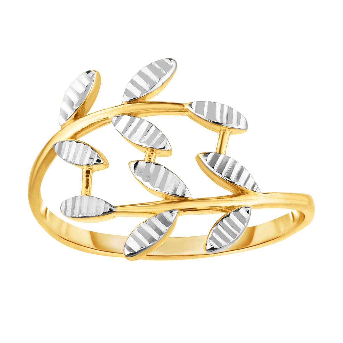 14K tvåfärgad guld diamantslipad olivbladsgren designring, storlek 7 fina designersmycken för män och kvinnor