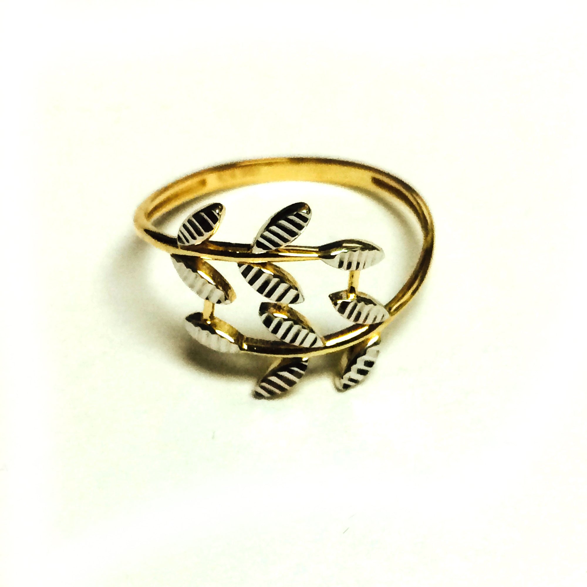 14K Two Tone Gold Diamond Cut Olive Leaf Branch Design Ring, Size 7 fine designer jewelry for men and women