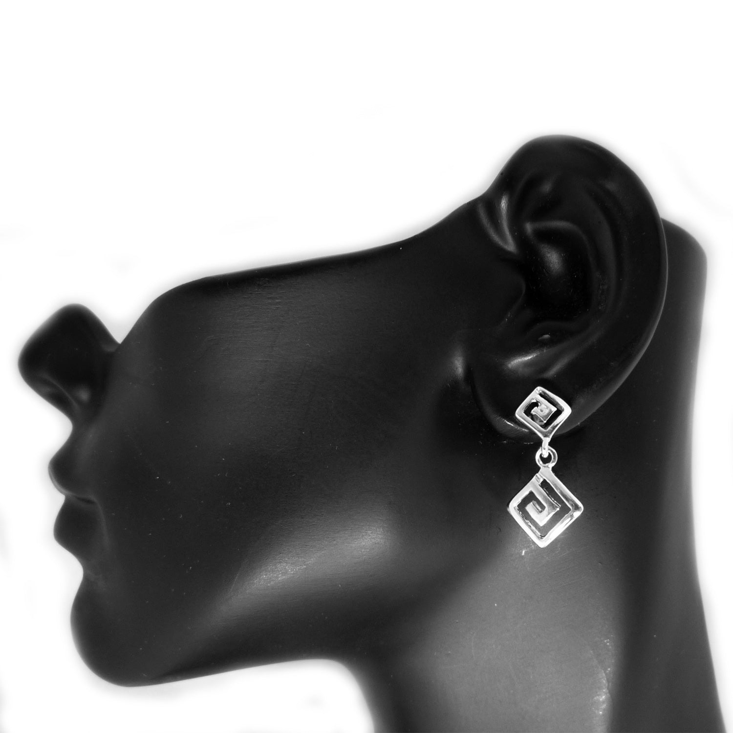 Sterling Silver Rhodium Plated Greek Meandros Key Dangle Earrings, 12 x 27mm