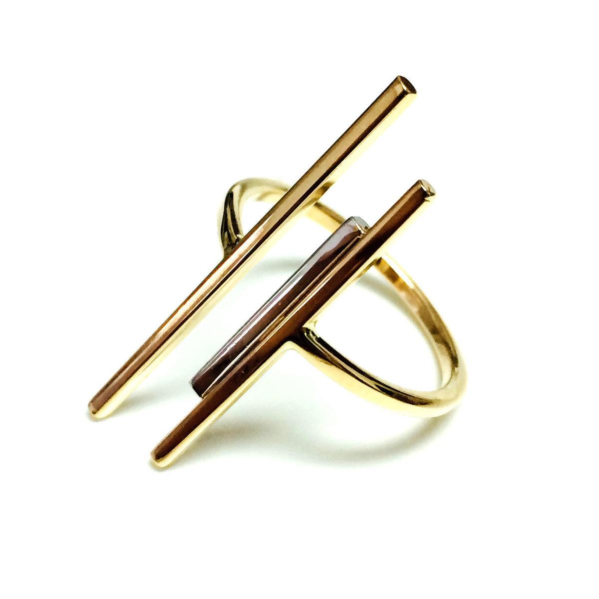 14k gult gull Trippel Bar Bypass Ring fine designersmykker for menn og kvinner