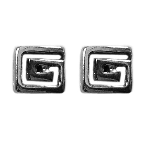 Sterling Silver Rhodium Plated Greek Meandros Key Stud Earrings, 7 x 7mm