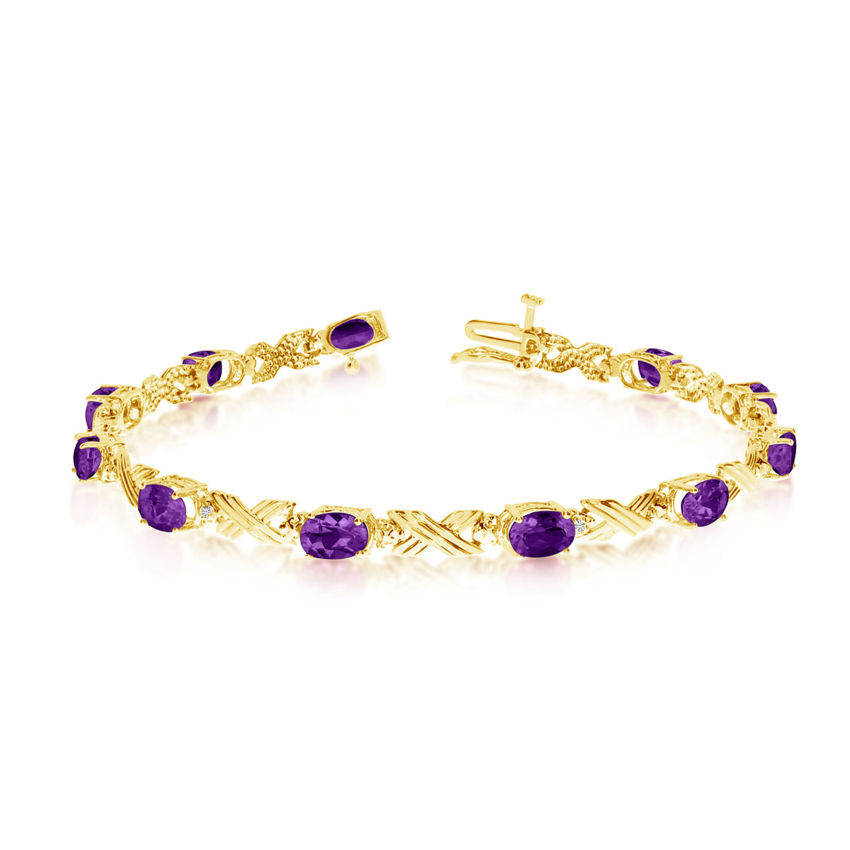 10K Yellow Gold Oval Amethyst Stones And Diamonds Tennis Bracelet, 7" fine designer jewelry for men and women