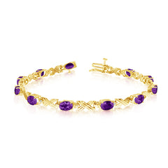 10K Yellow Gold Oval Amethyst Stones And Diamonds Tennis Bracelet, 7" fine designer jewelry for men and women
