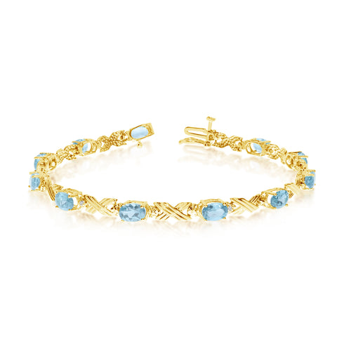 10K Yellow Gold Oval Aquamarine Stones And Diamonds Tennis Bracelet, 7"