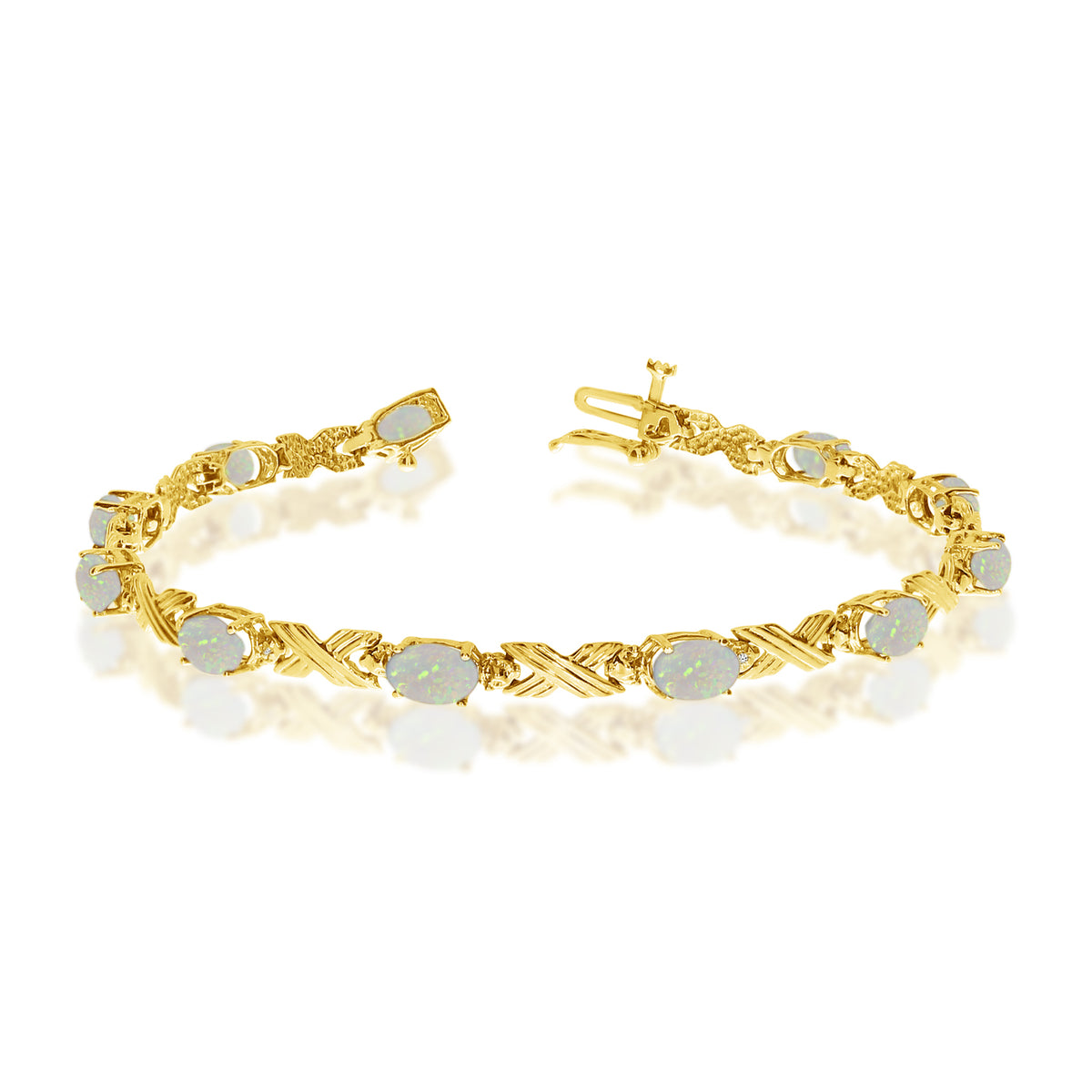10K Yellow Gold Oval Opal Stones And Diamonds Tennis Bracelet, 7"