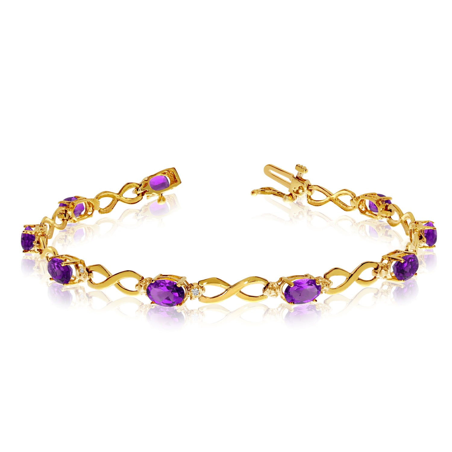 10K Yellow Gold Oval Amethyst Stones And Diamonds Infinity Tennis Bracelet, 7-inch | February Birthstone