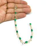 14K Yellow Gold Oval Emerald Stones And Diamonds Infinity Tennis Bracelet, 7"