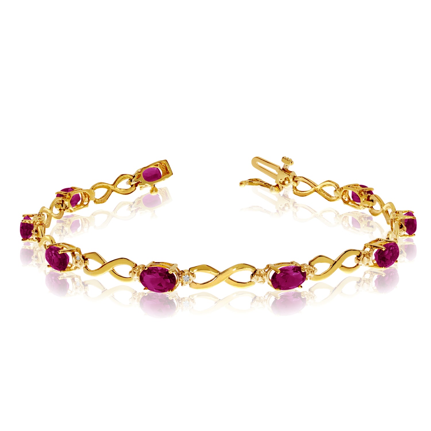 10K Yellow Gold Oval Ruby Stones And Diamonds Infinity Tennis Bracelet, 7" fine designer jewelry for men and women