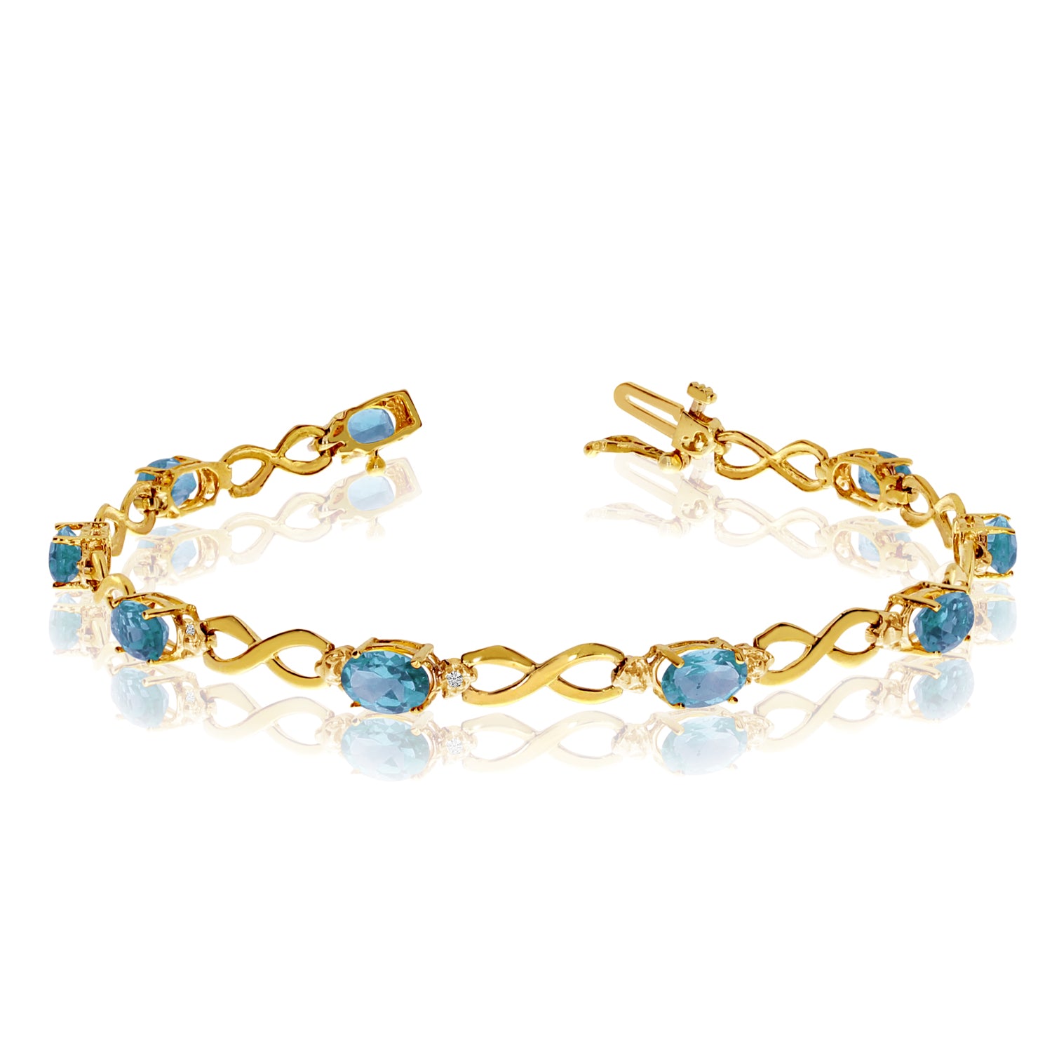 10K Yellow Gold Oval Blue Topaz Stones And Diamonds Infinity Tennis Bracelet, 7" fine designer jewelry for men and women