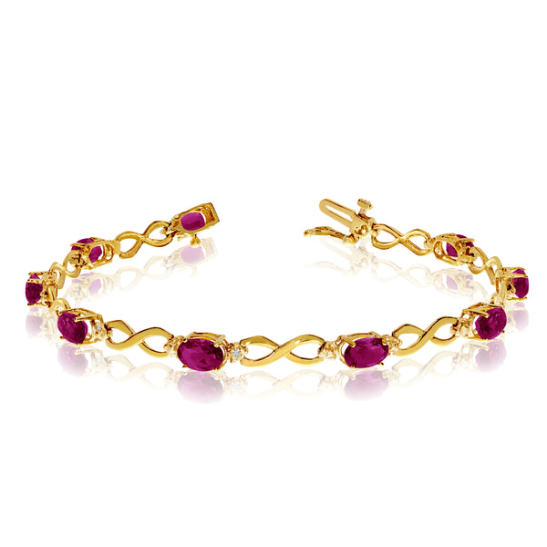 14K Yellow Gold Oval Ruby Stones And Diamonds Infinity Tennis Bracelet, 7"