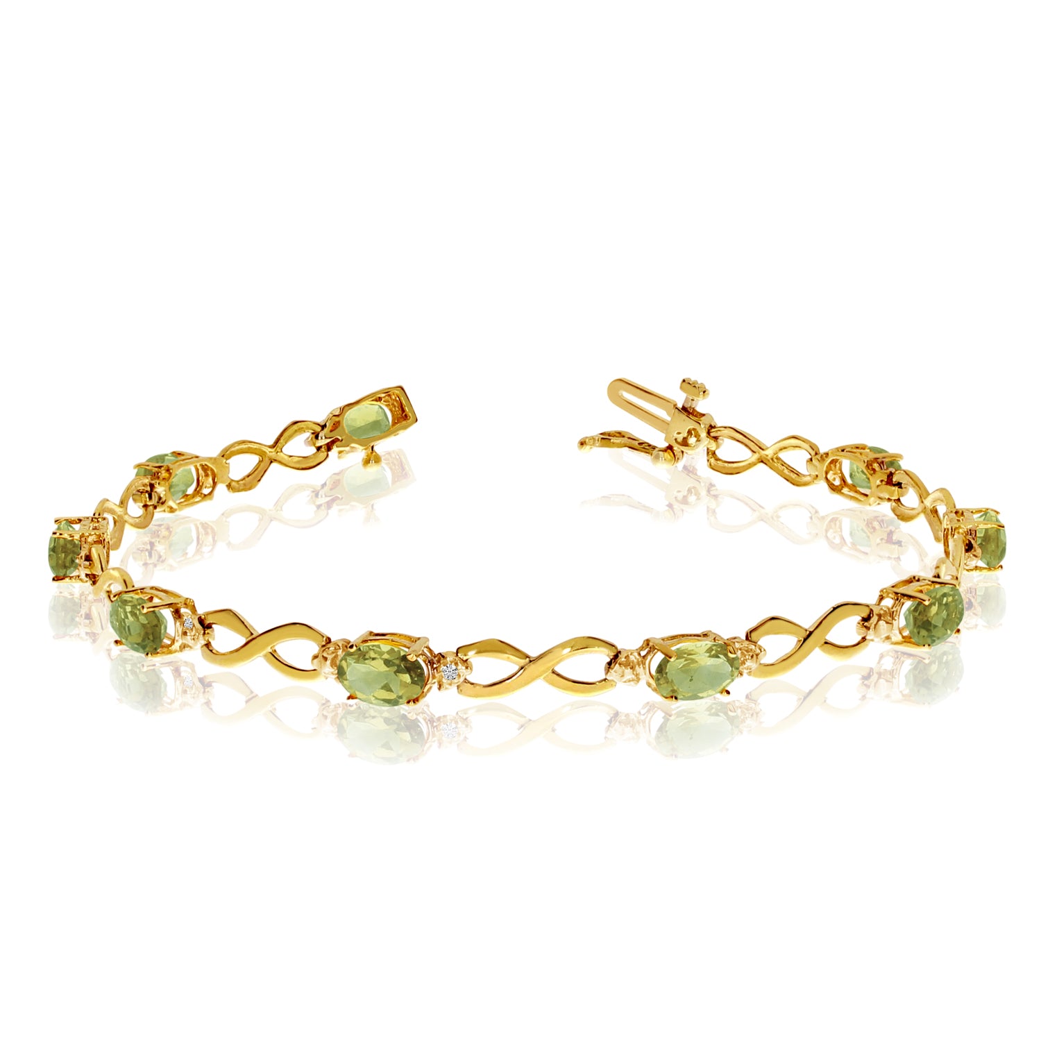 14K Yellow Gold Oval Peridot Stones And Diamonds Infinity Tennis Bracelet, 7" fine designer jewelry for men and women