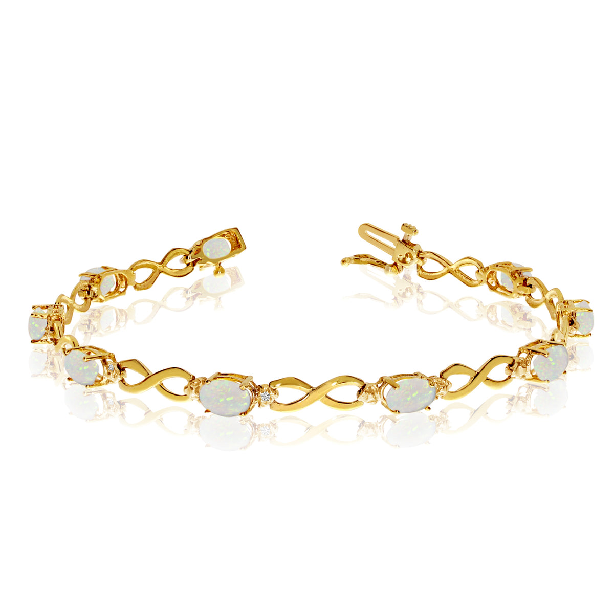 14K Yellow Gold Oval Opal Stones And Diamonds Infinity Tennis Bracelet, 7"