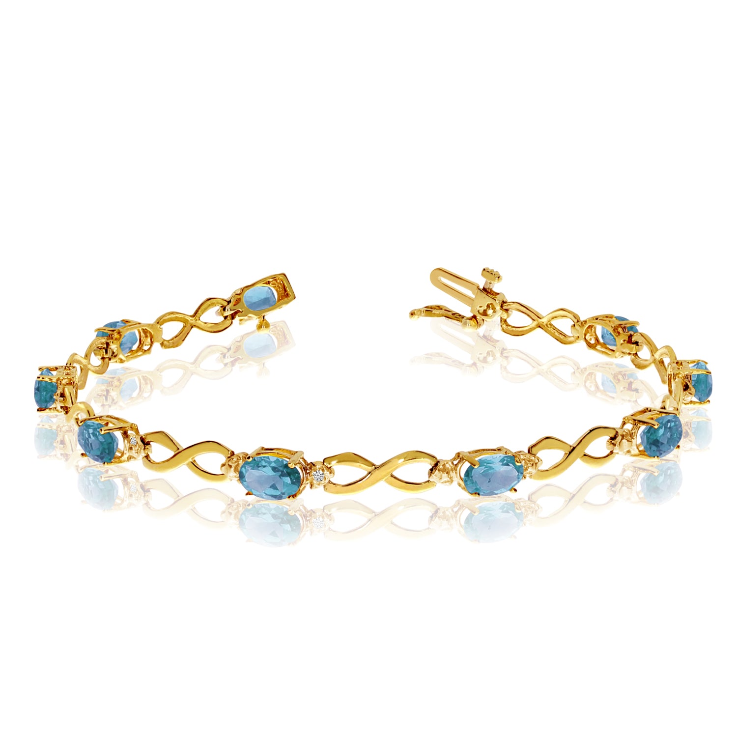 Unendlichkeits-Tennisarmband aus 14 Karat Gelbgold mit ovalen blauen Topassteinen und Diamanten, 17,8 cm, feiner Designerschmuck für Männer und Frauen