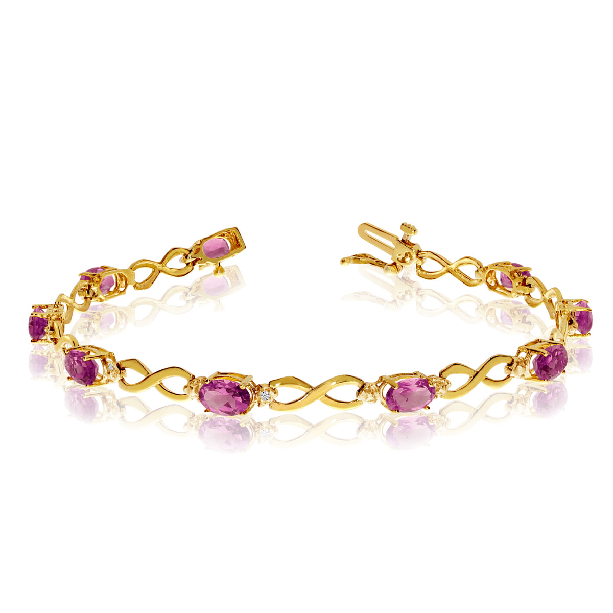 14K Yellow Gold Oval Pink Topaz Stones And Diamonds Infinity Tennis Bracelet, 7" fine designer jewelry for men and women