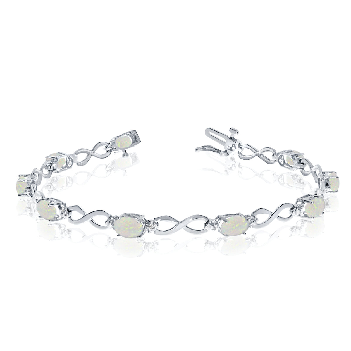 14K White Gold Oval Opal Stones And Diamonds Infinity Tennis Bracelet, 7" fine designer jewelry for men and women
