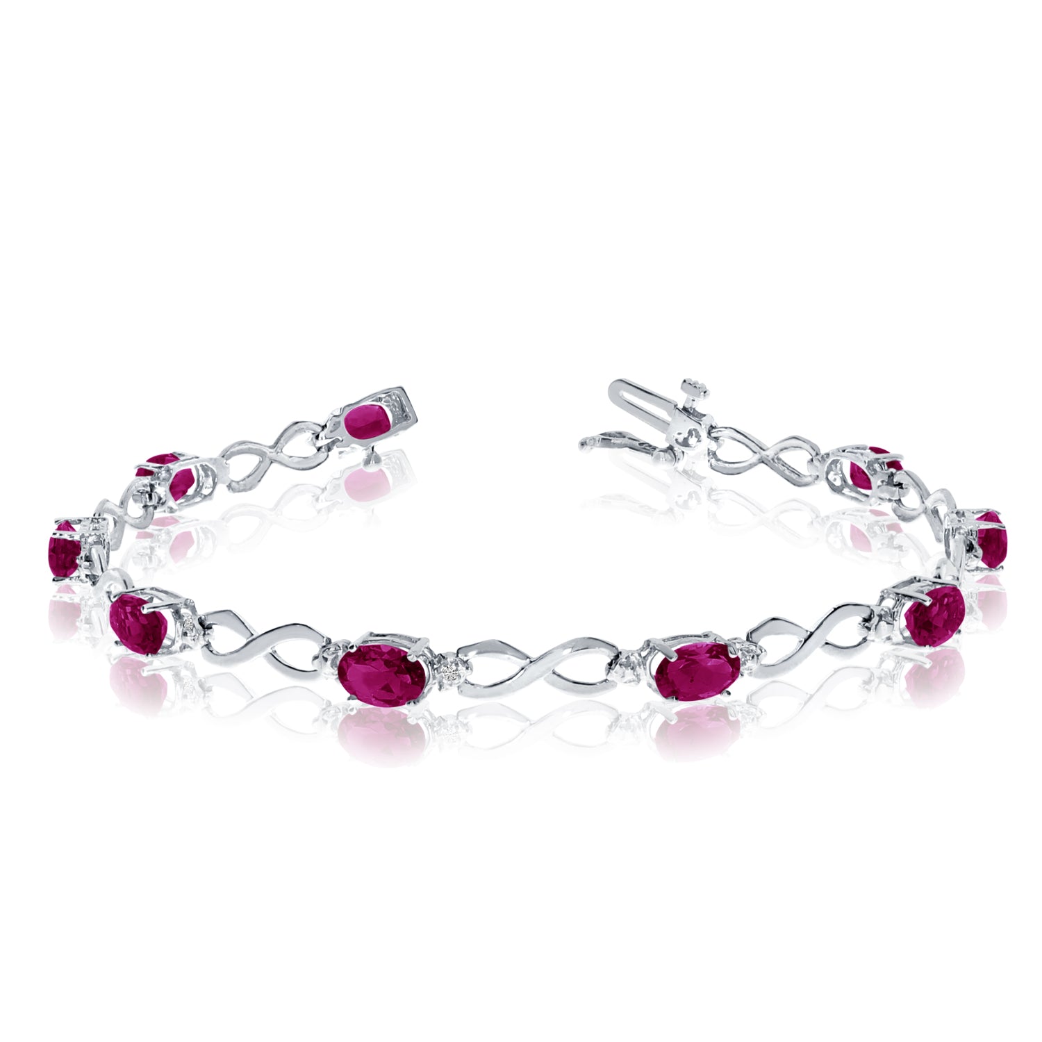 10K White Gold Oval Ruby Stones And Diamonds Infinity Tennis Bracelet, 7" fine designer jewelry for men and women
