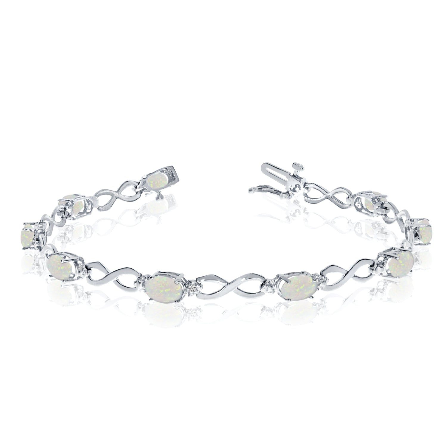 10K White Gold Oval Opal Stones And Diamonds Infinity Tennis Bracelet, 7" fine designer jewelry for men and women