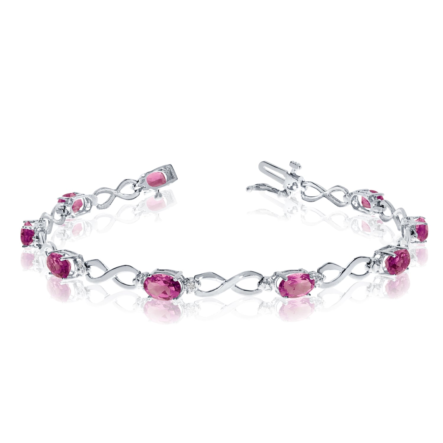 10K White Gold Oval Pink Topaz Stones And Diamonds Infinity Tennis Bracelet, 7" fine designer jewelry for men and women