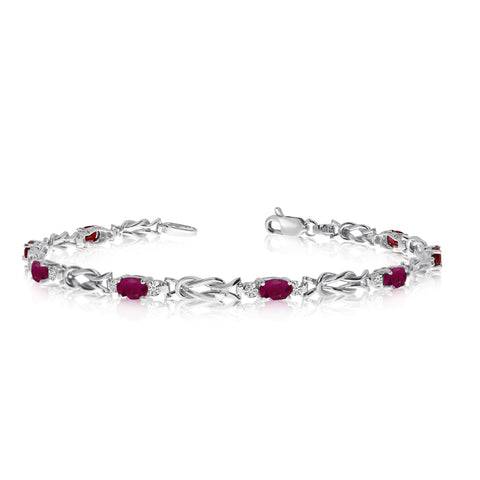 14K White Gold Oval Ruby Stones And Diamonds Tennis Bracelet, 7"
