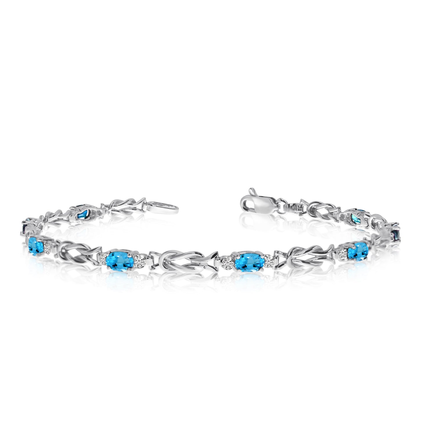 14K White Gold Oval Blue Topaz Stones And Diamonds Tennis Bracelet, 7" fine designer jewelry for men and women