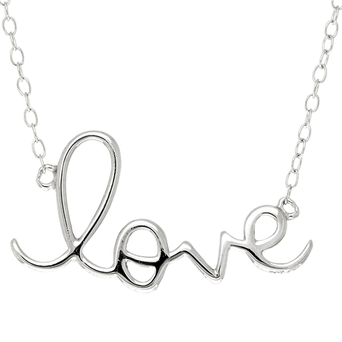 Script Love Logo Necklace In Rhodium Plated Sterling Silver - 18 Inches - JewelryAffairs