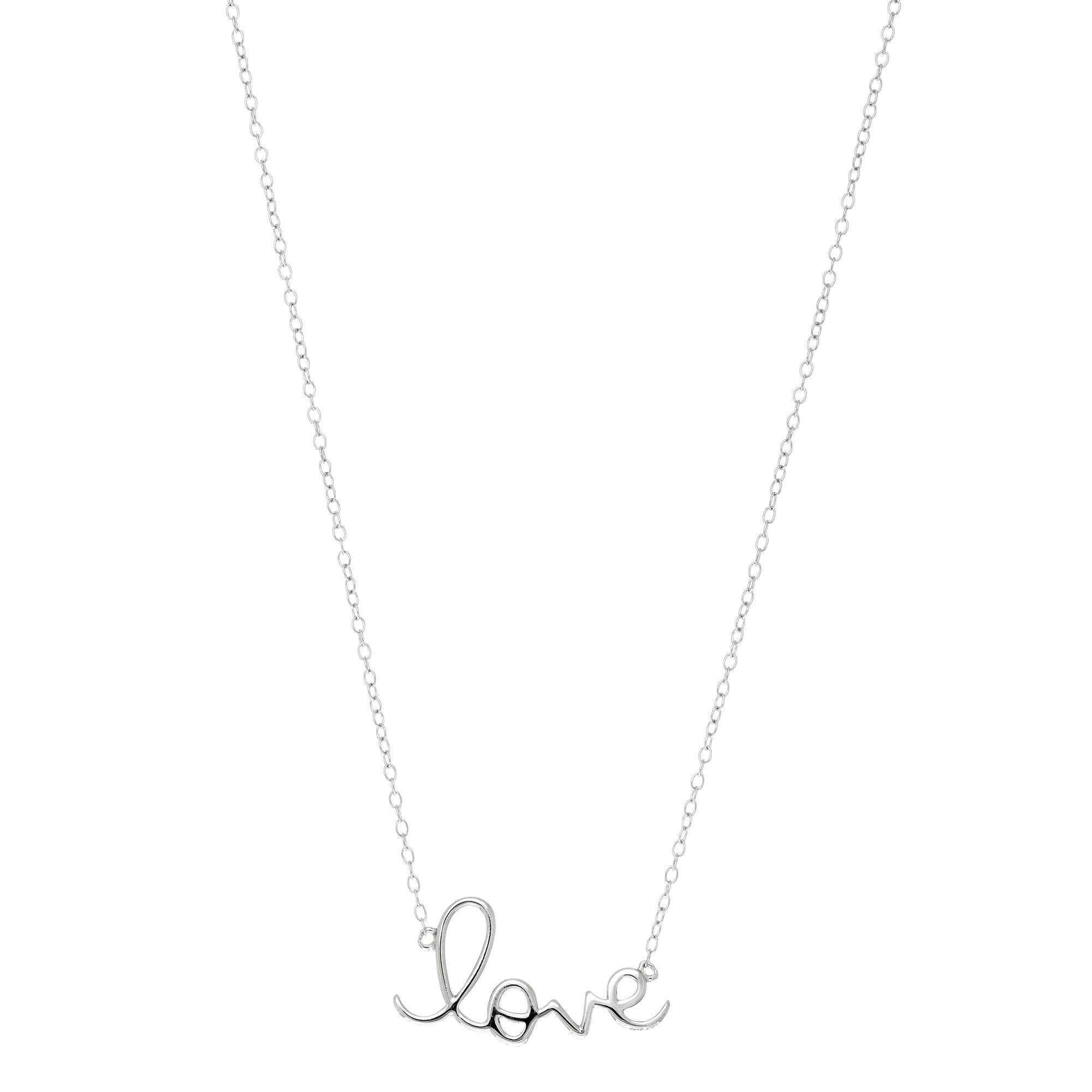 Script Love Logo Necklace In Rhodium Plated Sterling Silver - 18 Inches - JewelryAffairs