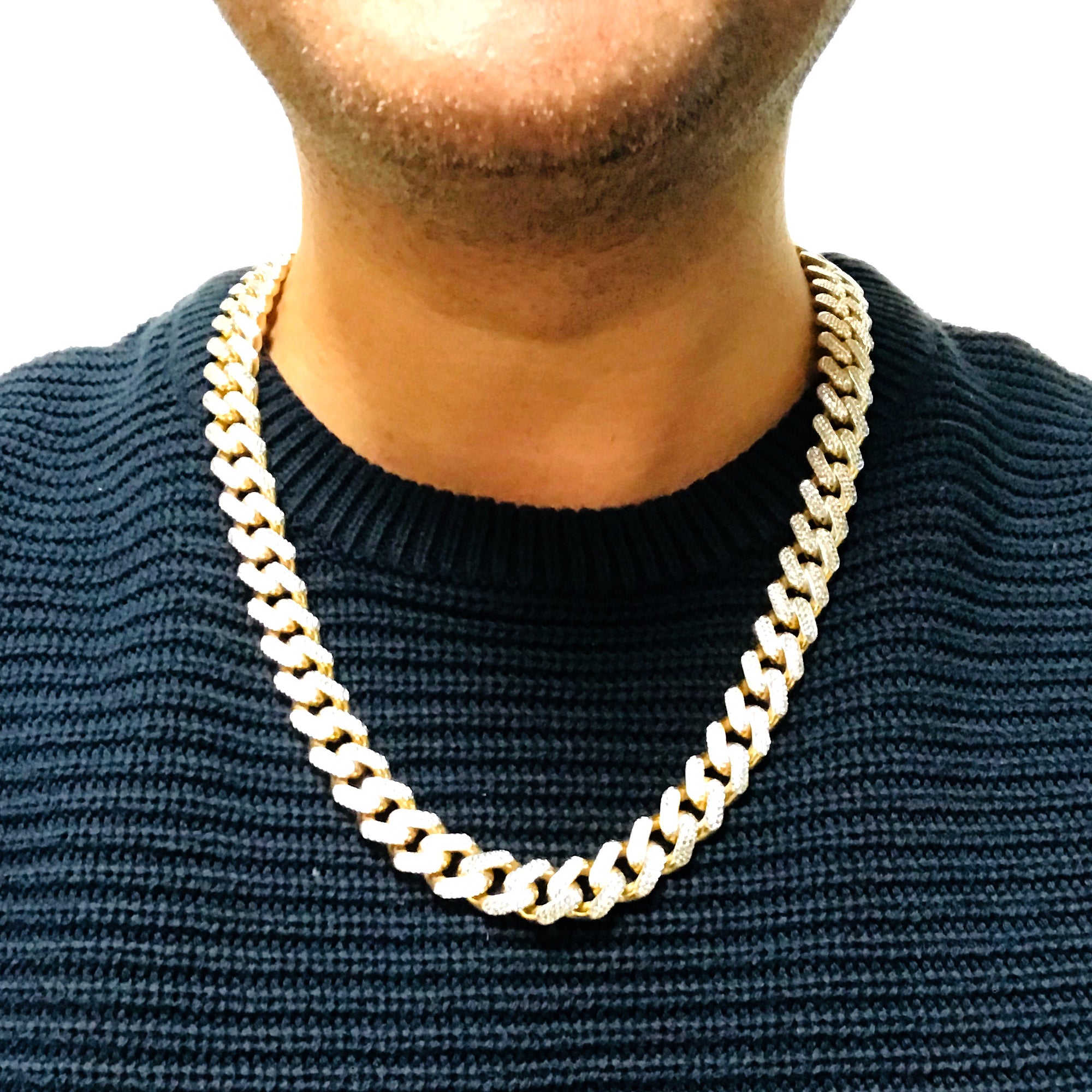 14 k gult och vitt guld Miami Cuban Pave Link Chain Halsband, bredd 9,5 mm, 22" fina designersmycken för män och kvinnor