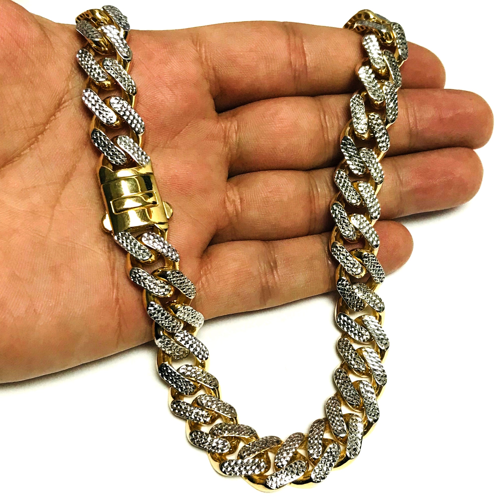 14k Yellow And White Gold Miami Cuban Pave Link Chain Necklace, Width 9.5mm, 22" fine designer jewelry for men and women