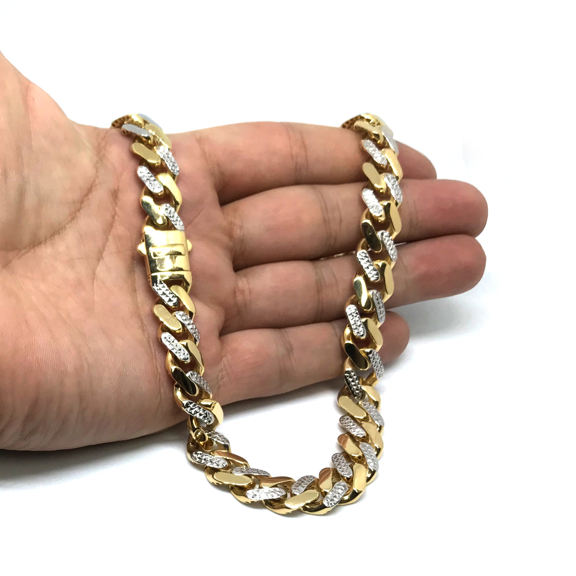 14k Yellow And White Gold Miami Cuban Pave Link Chain Necklace, Width 11.3mm, 24" fine designer jewelry for men and women