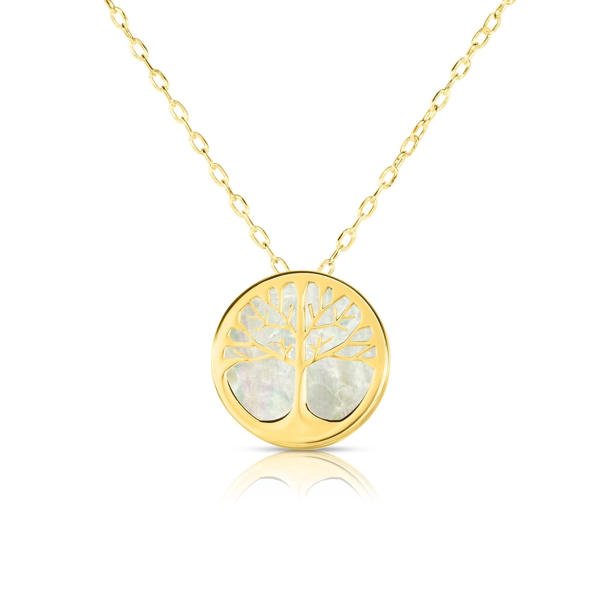 14K Yellow Gold Mother Of Pearl Tree Of Life Pendant Necklace, 16" fine designer jewelry for men and women