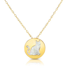 14K Yellow Gold Mother Of Pearl Cat Pendant Necklace, 16" fine designer jewelry for men and women