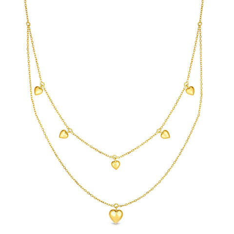 14k Yellow Gold Dangle Heart Charms Necklace, 18"
