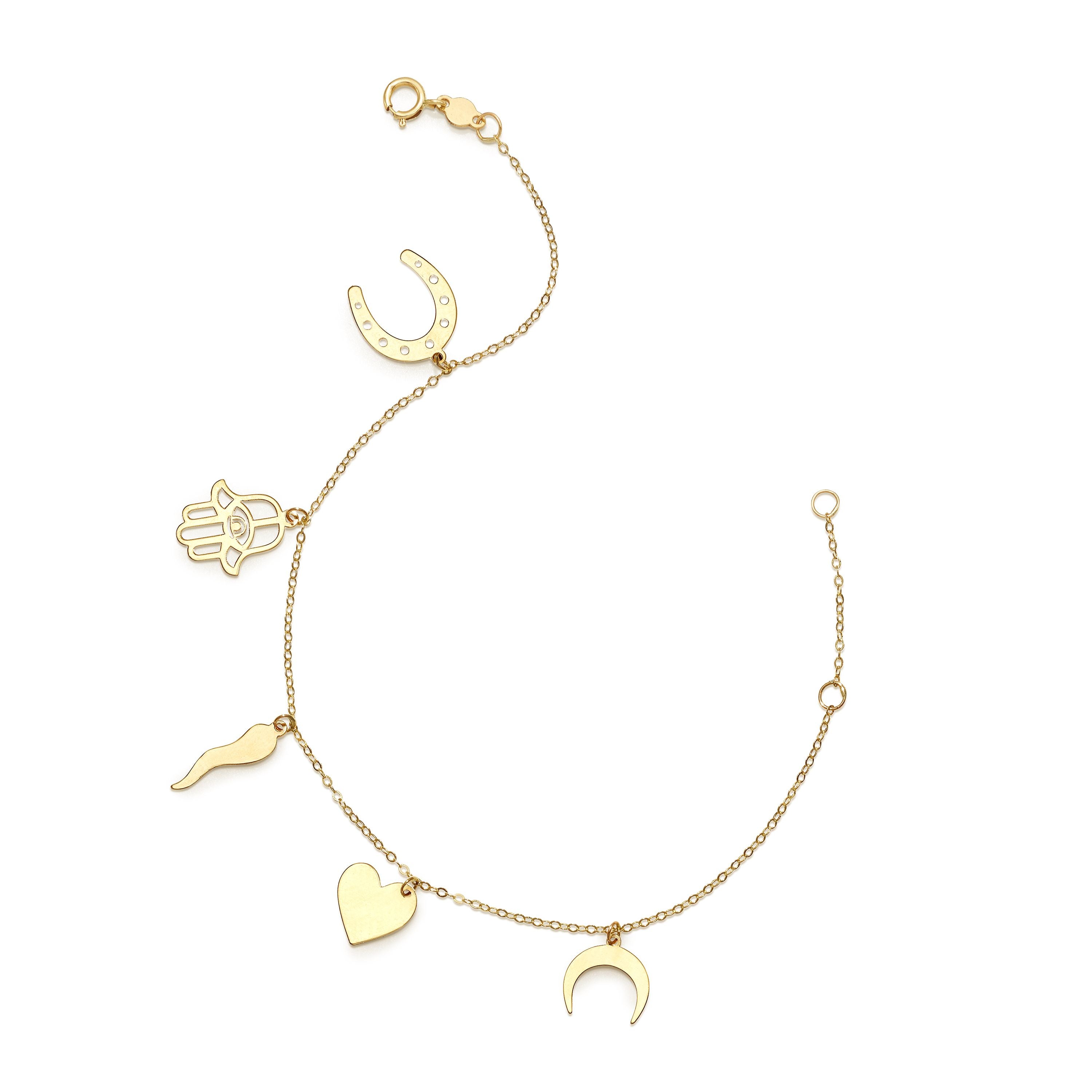 Bracciale con ciondolo Hamsa Heart Moon in oro giallo 14k, gioielli di design da 7" per uomini e donne