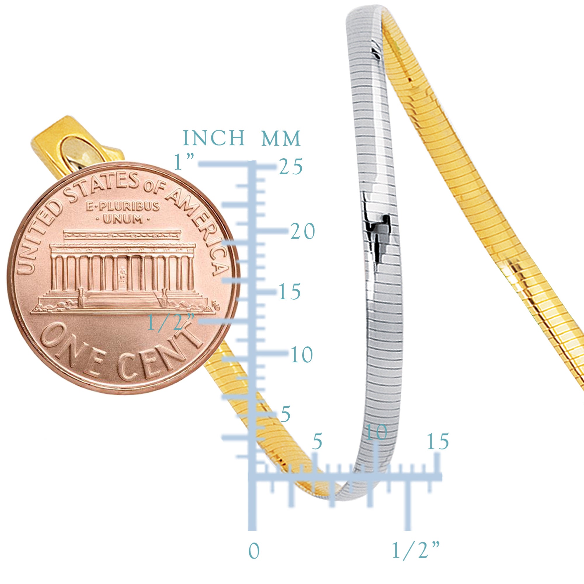 Pulsera de cadena Omega reversible de oro amarillo y oro blanco de 14 k, joyería fina de diseño de 3 mm y 7 pulgadas para hombres y mujeres