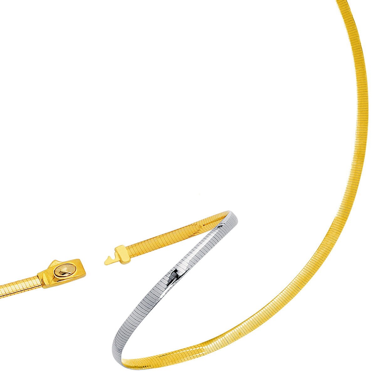 Tvåfärgat vändbart Omega-halsband i 14 k gult guld och sterling silver, 4 mm fina designersmycken för män och kvinnor