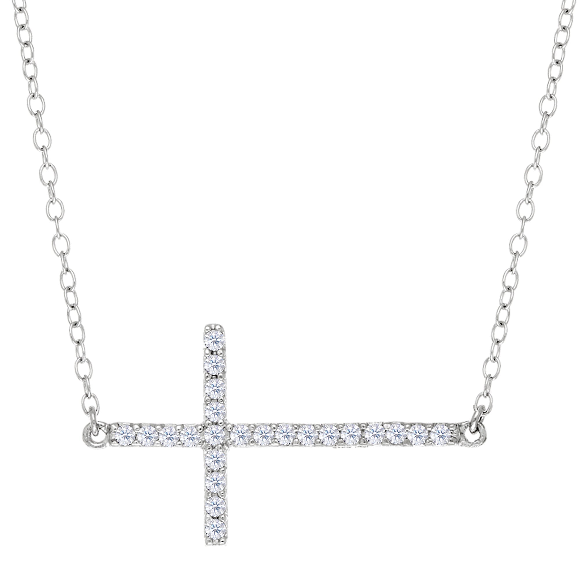 Sideways Cross And CZ Necklace In Sterling Silver, 18"