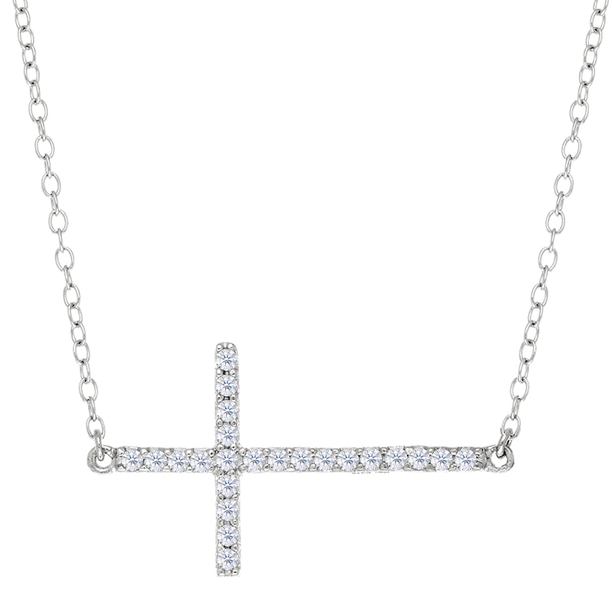 Sideways Cross And CZ Necklace In Sterling Silver, 18"