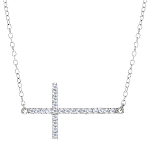 Sideways Cross And CZ Necklace In Sterling Silver, 18"