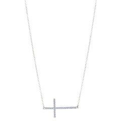 Sideways Cross And CZ Necklace In Sterling Silver, 18"