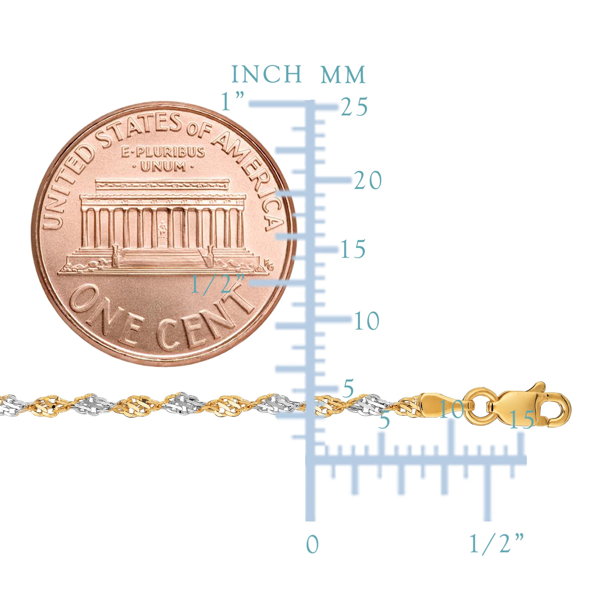 14k 2 tone gult og hvitt gull Singapore-kjedekjede, 2,0 mm fine designersmykker for menn og kvinner