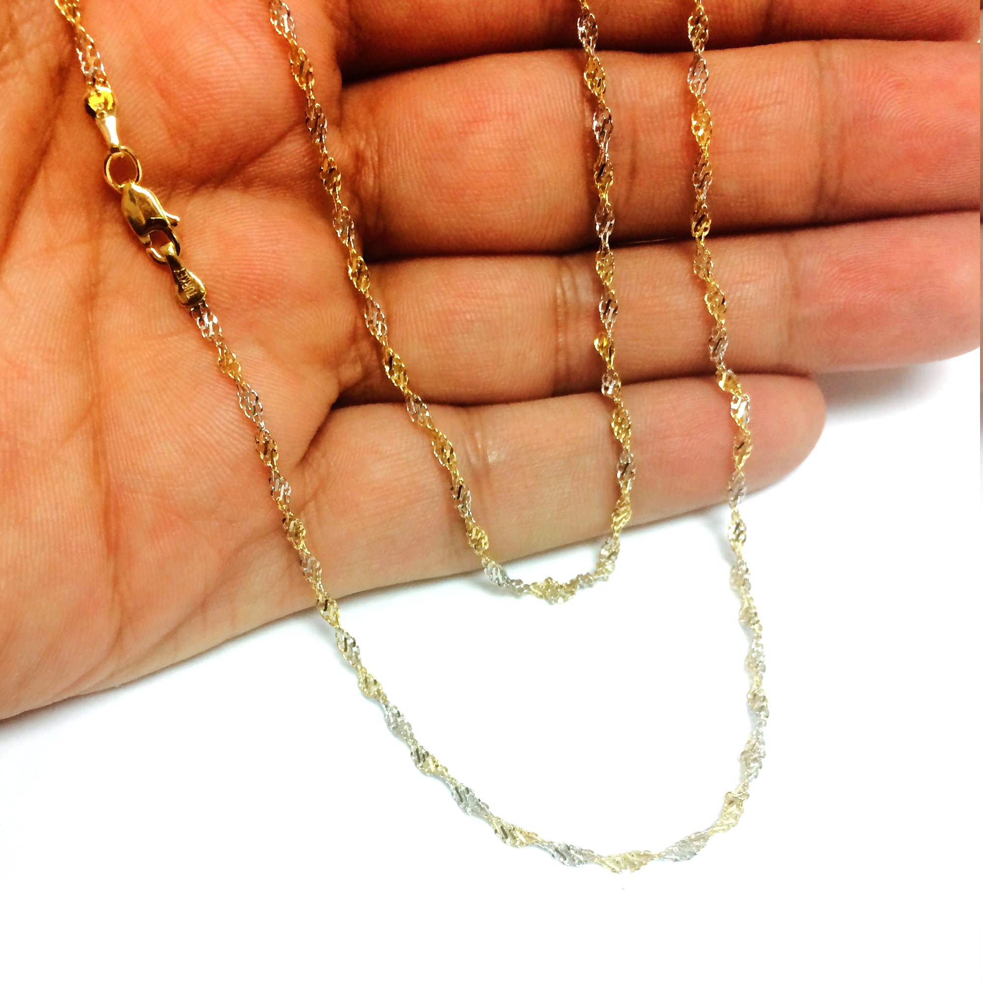 14k 2 Tone Yellow And White Gold Singapore Chain Halsband, 2,0 mm fina designersmycken för män och kvinnor