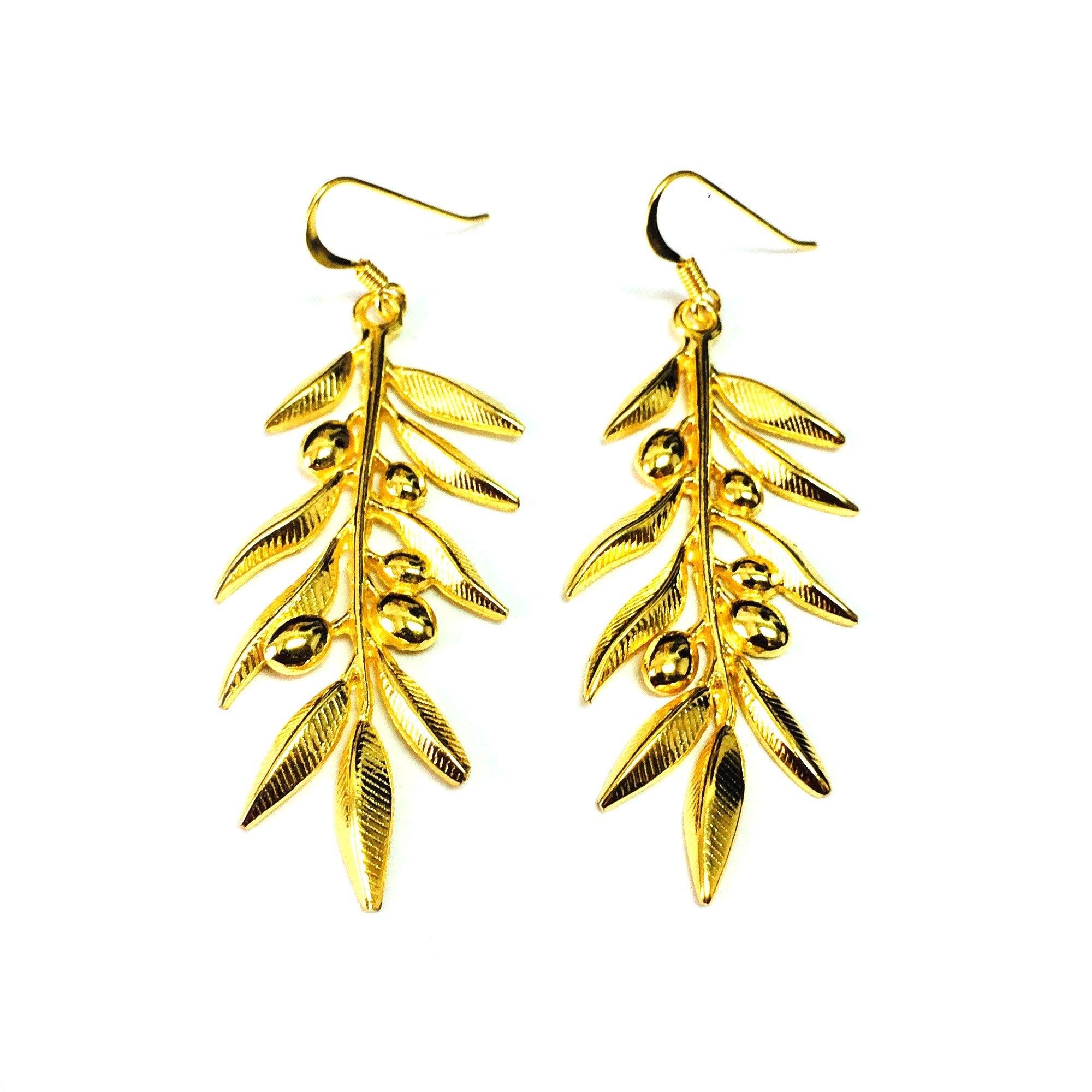 Sterling Silver 18 Karat Gold Overlay Plated Olive Leaf Drop Earrings