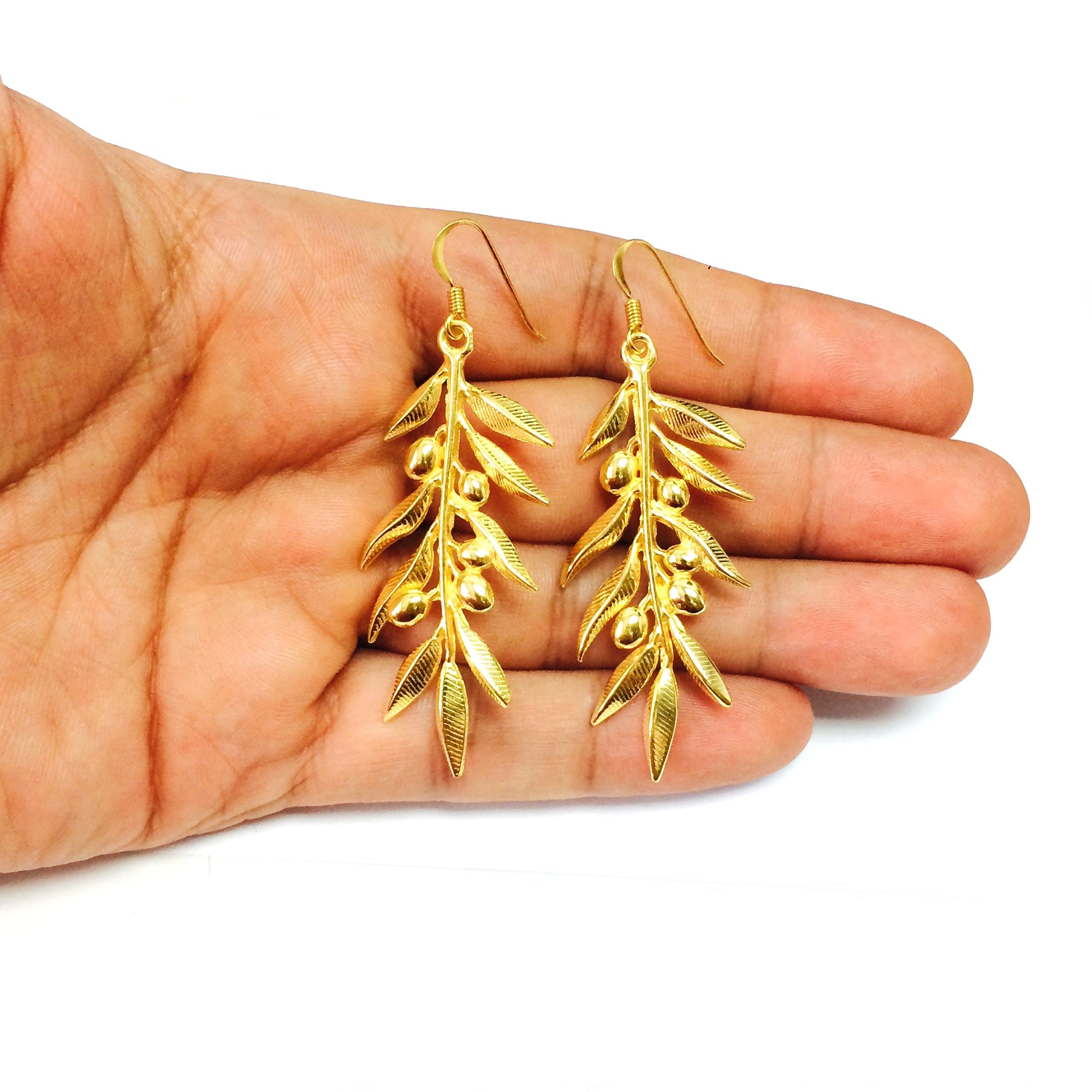 Sterling Silver 18 Karat Gold Overlay Plated Olive Leaf Drop Earrings