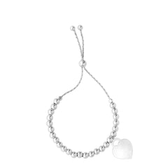 Sterling Silver Beads And Heart Charm Adjustable Bolo Friendship Bracelet , 9.25"