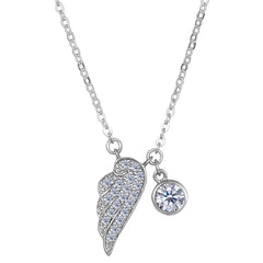 Sterling Silver CZ Angel Wing Charm Pendant Necklace, 18" - JewelryAffairs