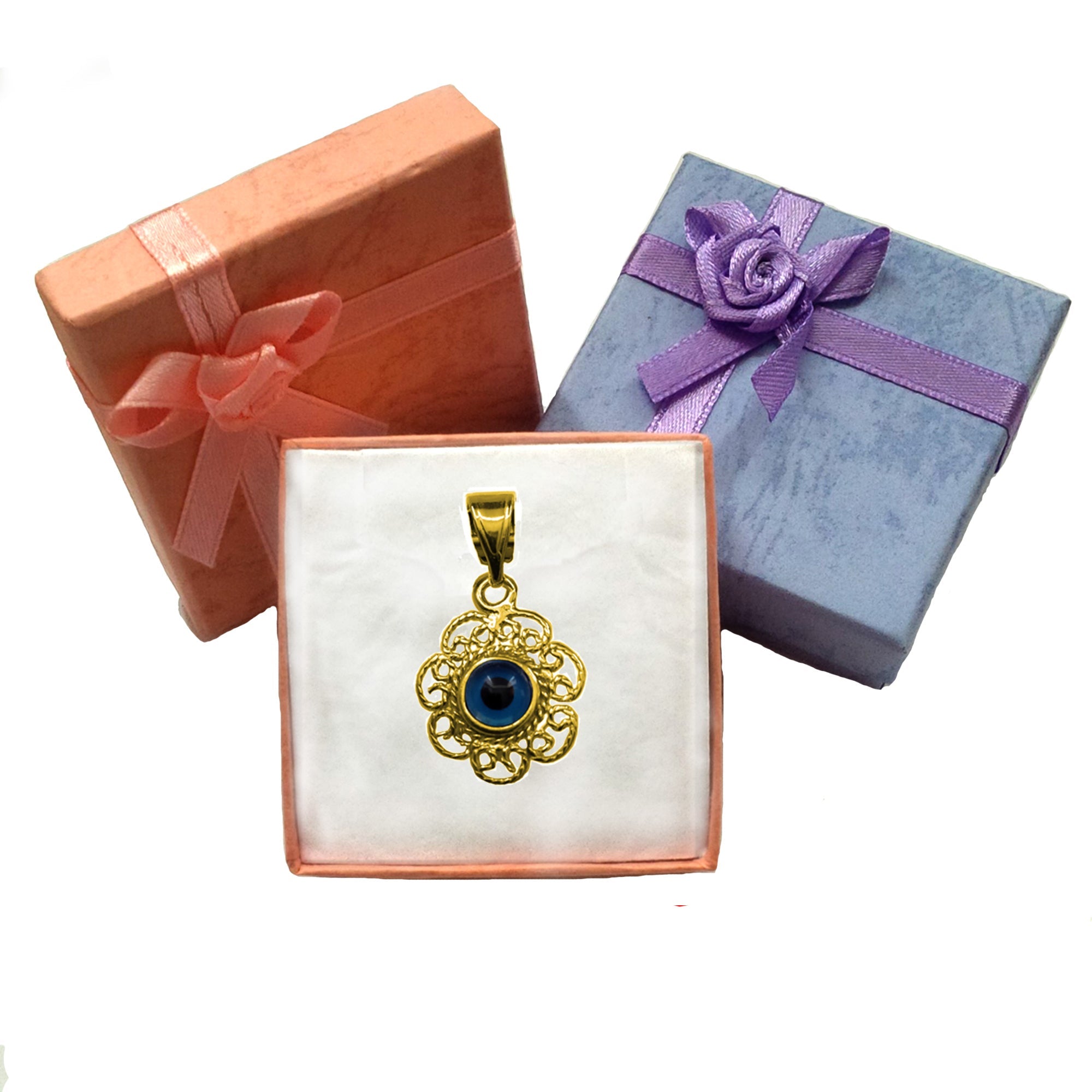 Sterling Silver Filigree Double Sided Evil Eye Pendant Charm 18 Karat Gold Overlay - JewelryAffairs